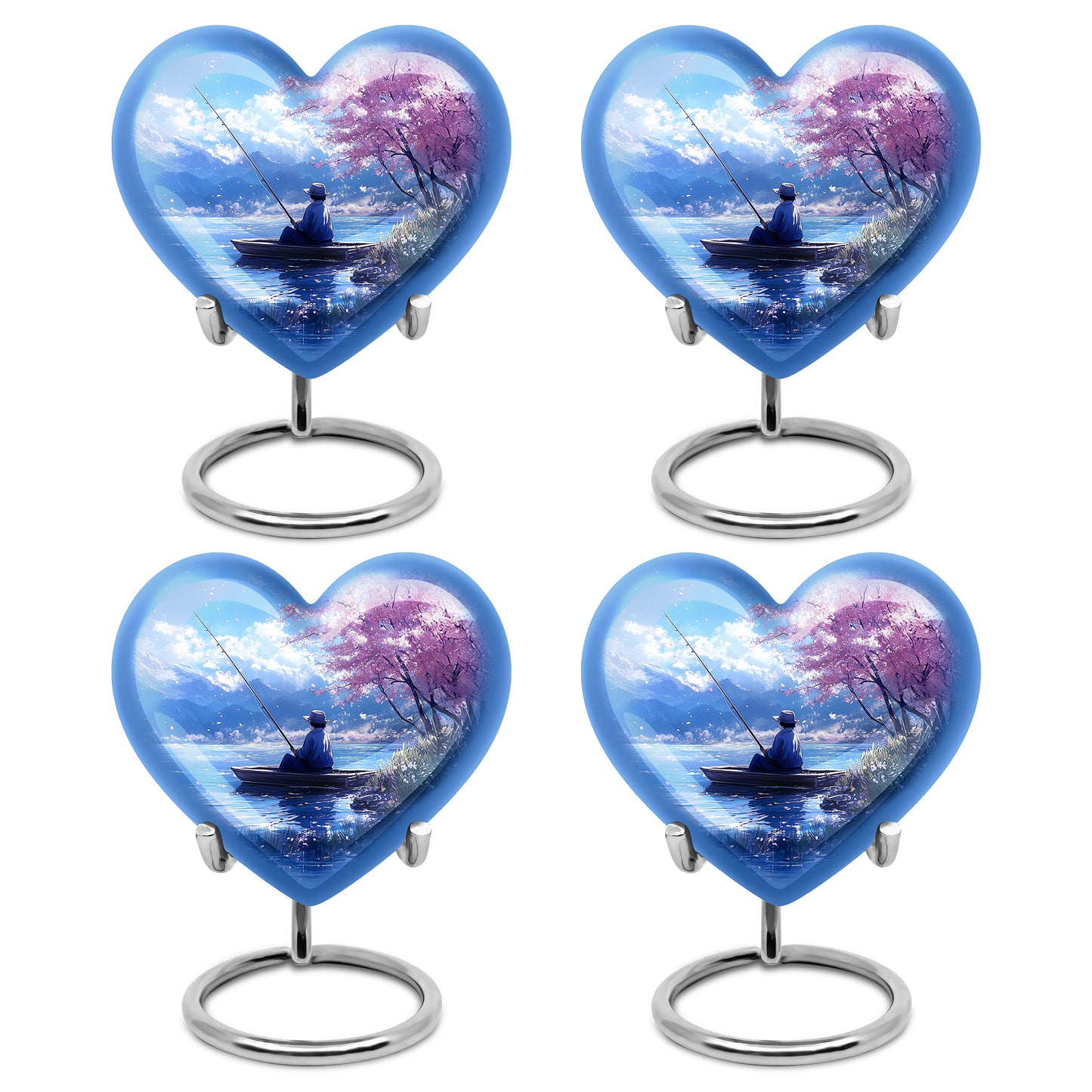 Powder Blue Fishing Cremation Urn angled view of lid and engraved motif - heart-shaped fishing design symbolizing eternal love - 10 inch aluminum urn for cremated remains