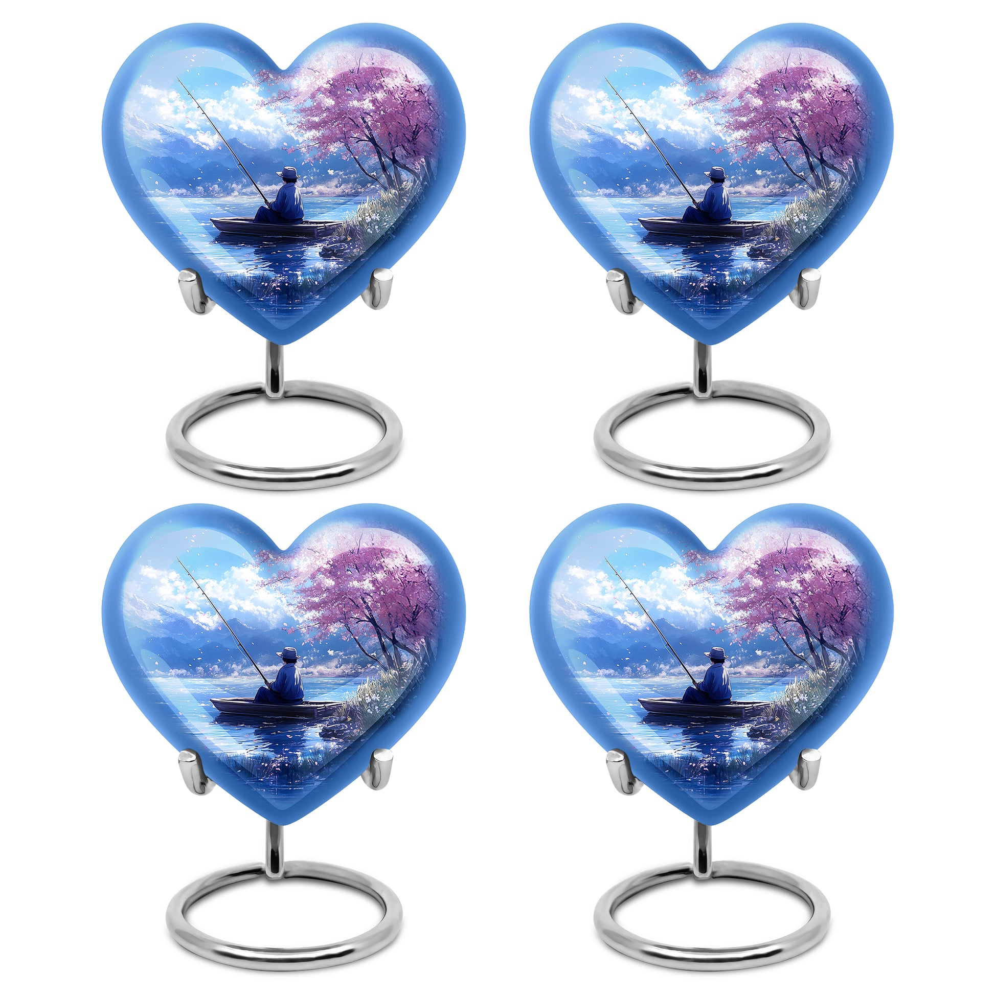 Powder Blue Fishing Cremation Urn angled view of lid and engraved motif - heart-shaped fishing design symbolizing eternal love - 10 inch aluminum urn for cremated remains
