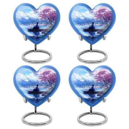 Powder Blue Fishing Cremation Urn angled view of lid and engraved motif - heart-shaped fishing design symbolizing eternal love - 10 inch aluminum urn for cremated remains