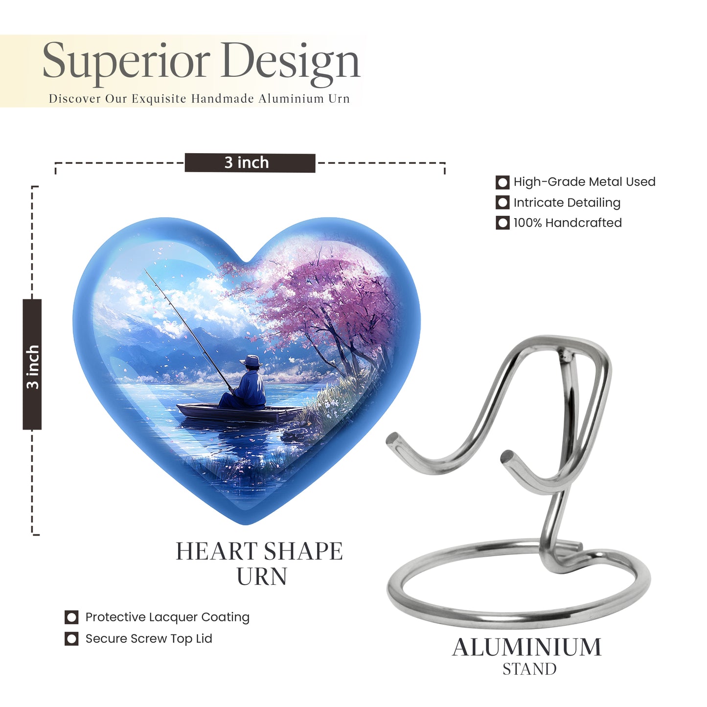 Vivid Blue Fishing Cremation Urn front view showing detailed design - compassionate heart-fishing combination with gentle curves - mini keepsake memorial for portion of cremation ashes