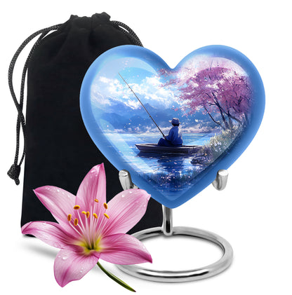 Vivid Blue Fishing Cremation Urn detail view - compassionate heart-fishing combination with gentle curves - full-size 10 inch 200 cubic inch adult cremation urn