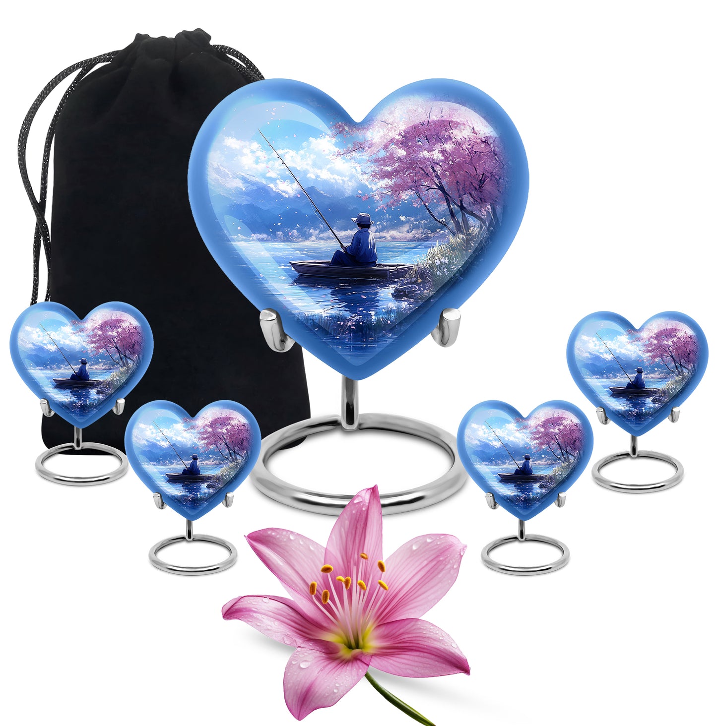 Cornflower Blue Fishing Cremation Urn close-up of engraving and surface detail - romantic heart urn with fishing motif on aluminum - memorial set with one large and four small urns