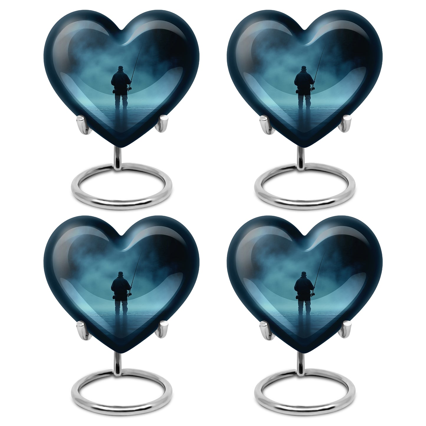 Vivid Blue Fishing Cremation Urn angled view of lid and engraved motif - compassionate heart-fishing combination with gentle curves - 10 inch aluminum urn for cremated remains