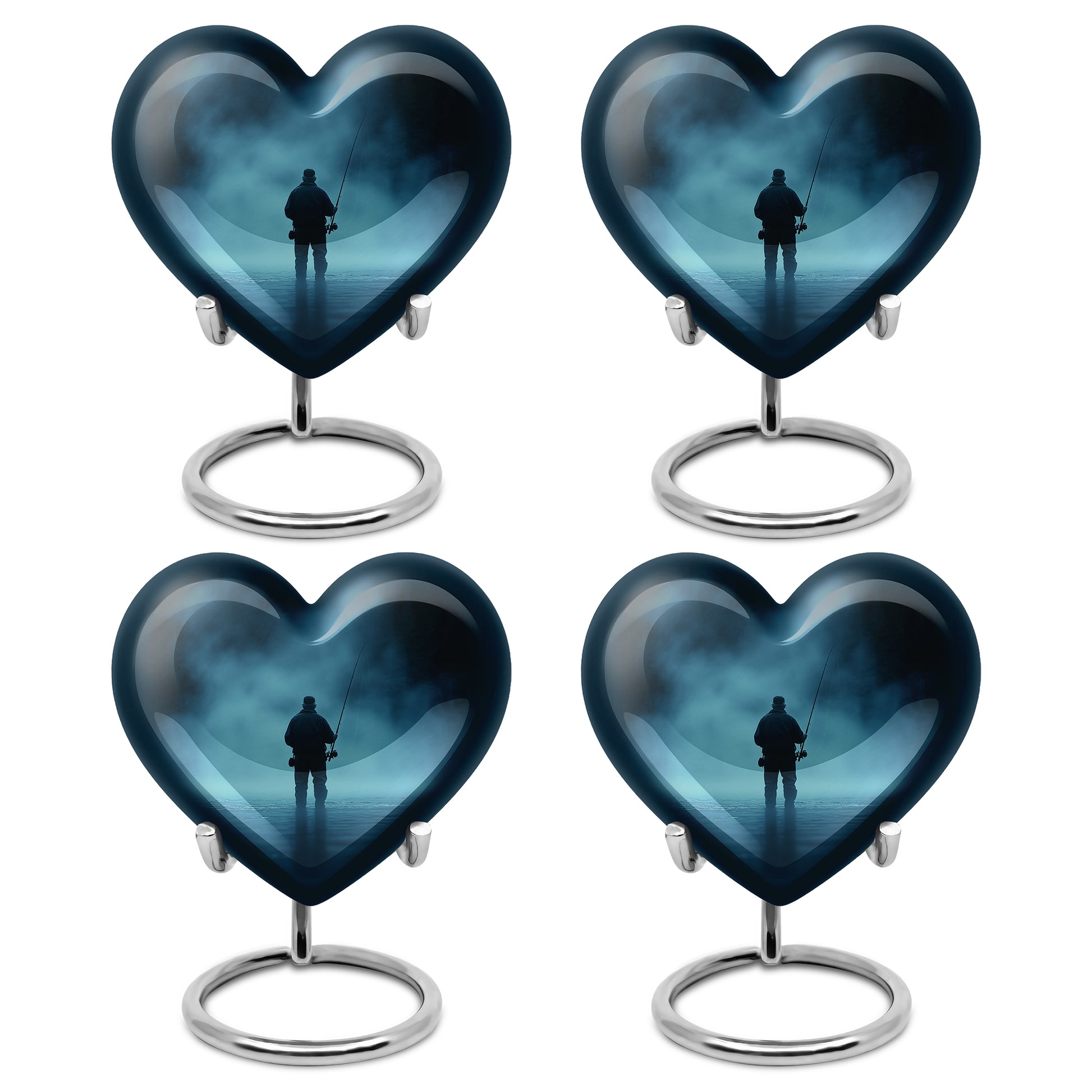 Vivid Blue Fishing Cremation Urn angled view of lid and engraved motif - compassionate heart-fishing combination with gentle curves - 10 inch aluminum urn for cremated remains