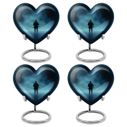 Vivid Blue Fishing Cremation Urn angled view of lid and engraved motif - compassionate heart-fishing combination with gentle curves - 10 inch aluminum urn for cremated remains