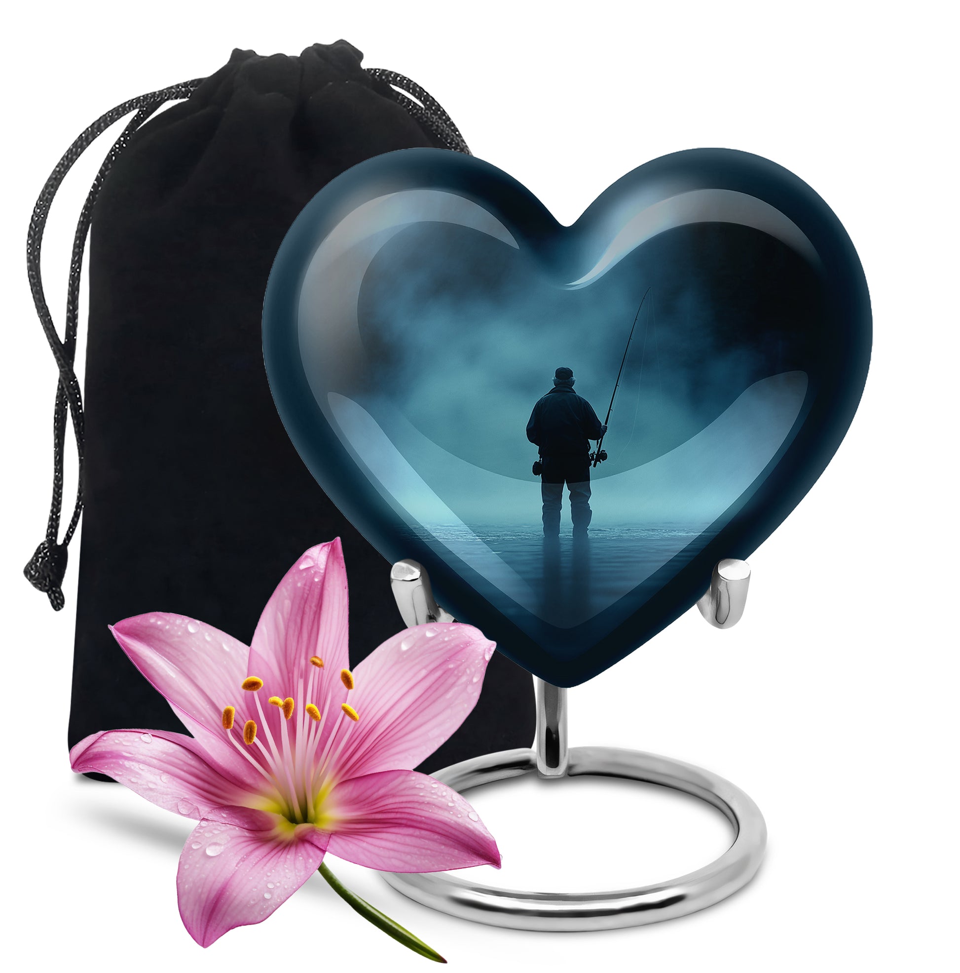 Celestial Blue Fishing Cremation Urn detail view - loving heart memorial featuring fishing pattern - full-size 10 inch 200 cubic inch adult cremation urn
