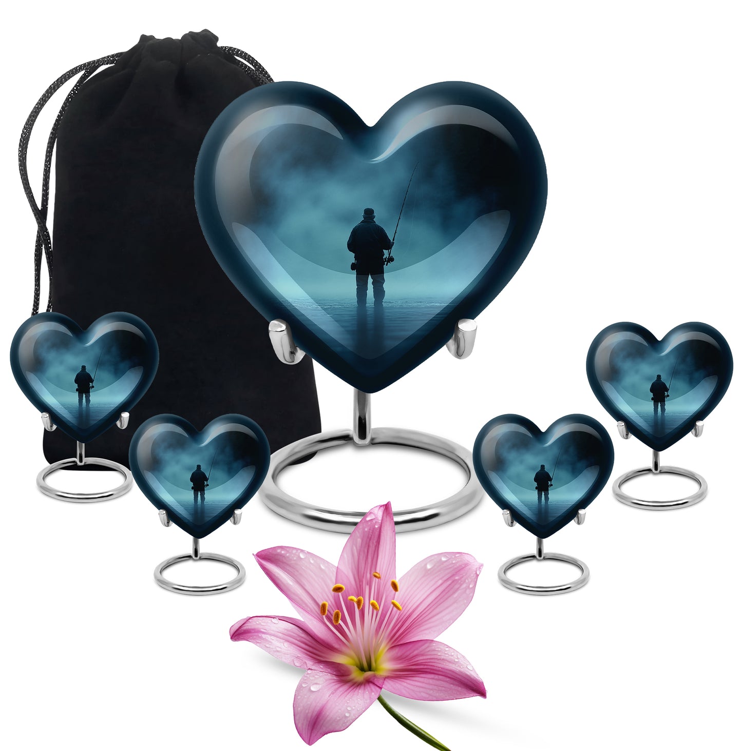 Twilight Blue Fishing Cremation Urn close-up of engraving and surface detail - romantic heart urn with fishing motif on aluminum - memorial set with one large and four small urns