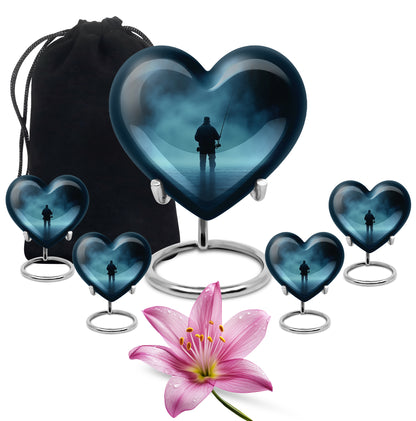 Twilight Blue Fishing Cremation Urn close-up of engraving and surface detail - romantic heart urn with fishing motif on aluminum - memorial set with one large and four small urns