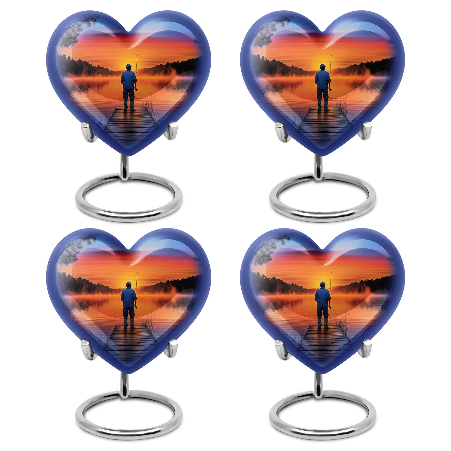 Navy Blue Fishing Cremation Urn angled view of lid and engraved motif - heart-shaped fishing design symbolizing eternal love - 10 inch aluminum urn for cremated remains