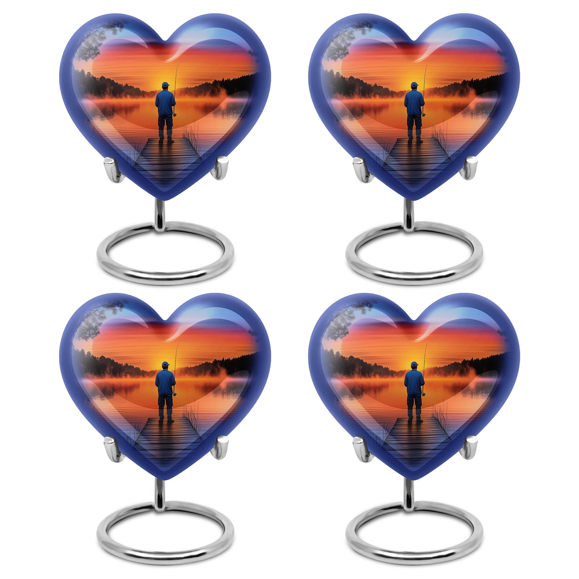 Navy Blue Fishing Cremation Urn angled view of lid and engraved motif - heart-shaped fishing design symbolizing eternal love - 10 inch aluminum urn for cremated remains