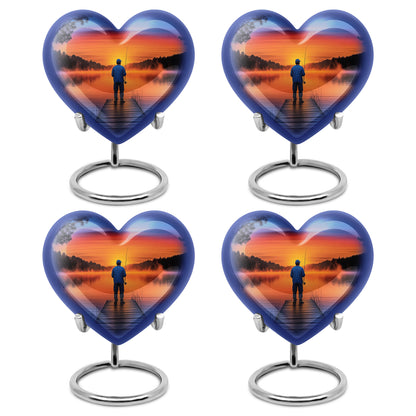 Navy Blue Fishing Cremation Urn angled view of lid and engraved motif - heart-shaped fishing design symbolizing eternal love - 10 inch aluminum urn for cremated remains