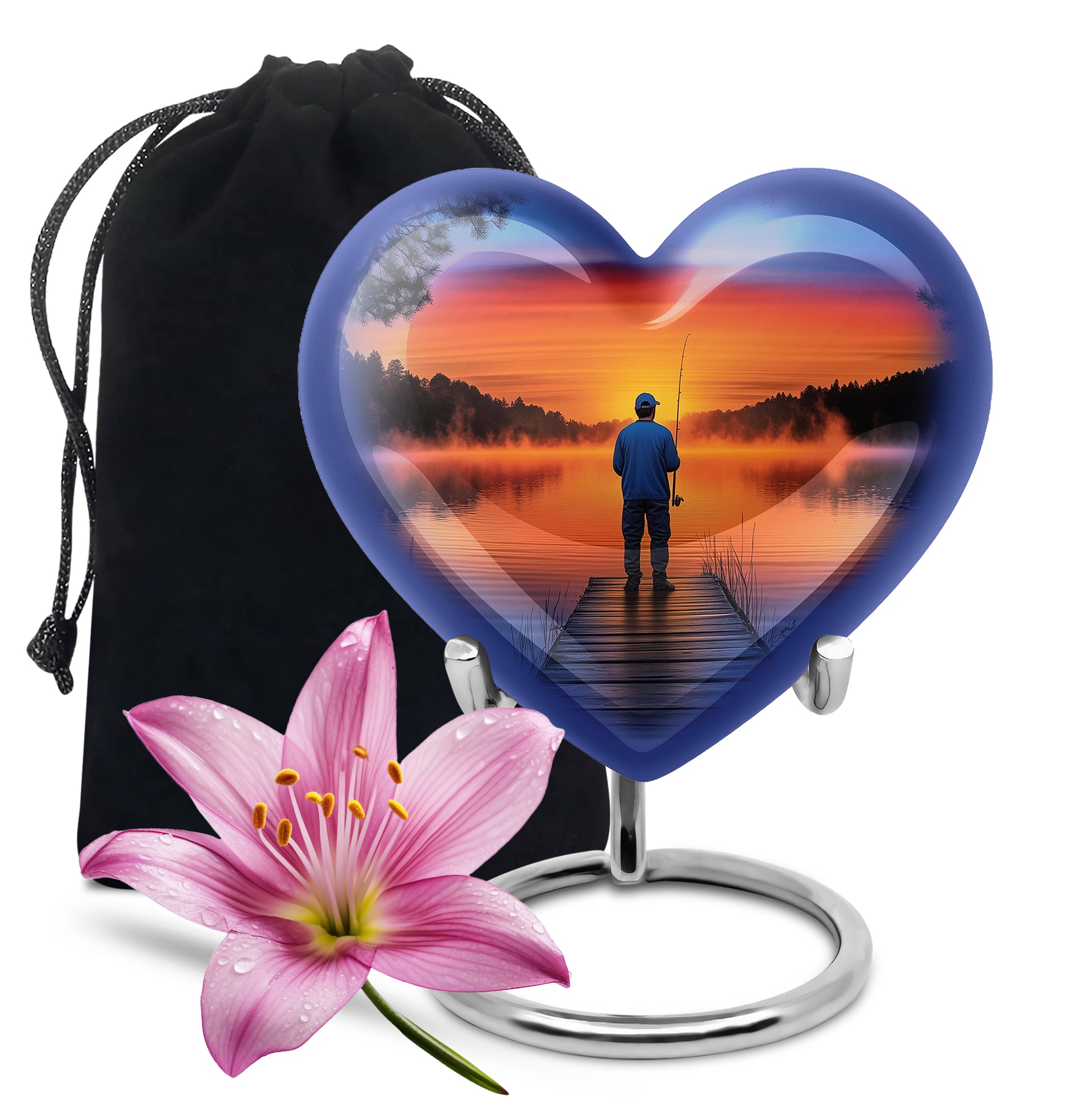 Navy Blue Fishing Cremation Urn detail view - heart-shaped fishing design symbolizing eternal love - full-size 10 inch 200 cubic inch adult cremation urn