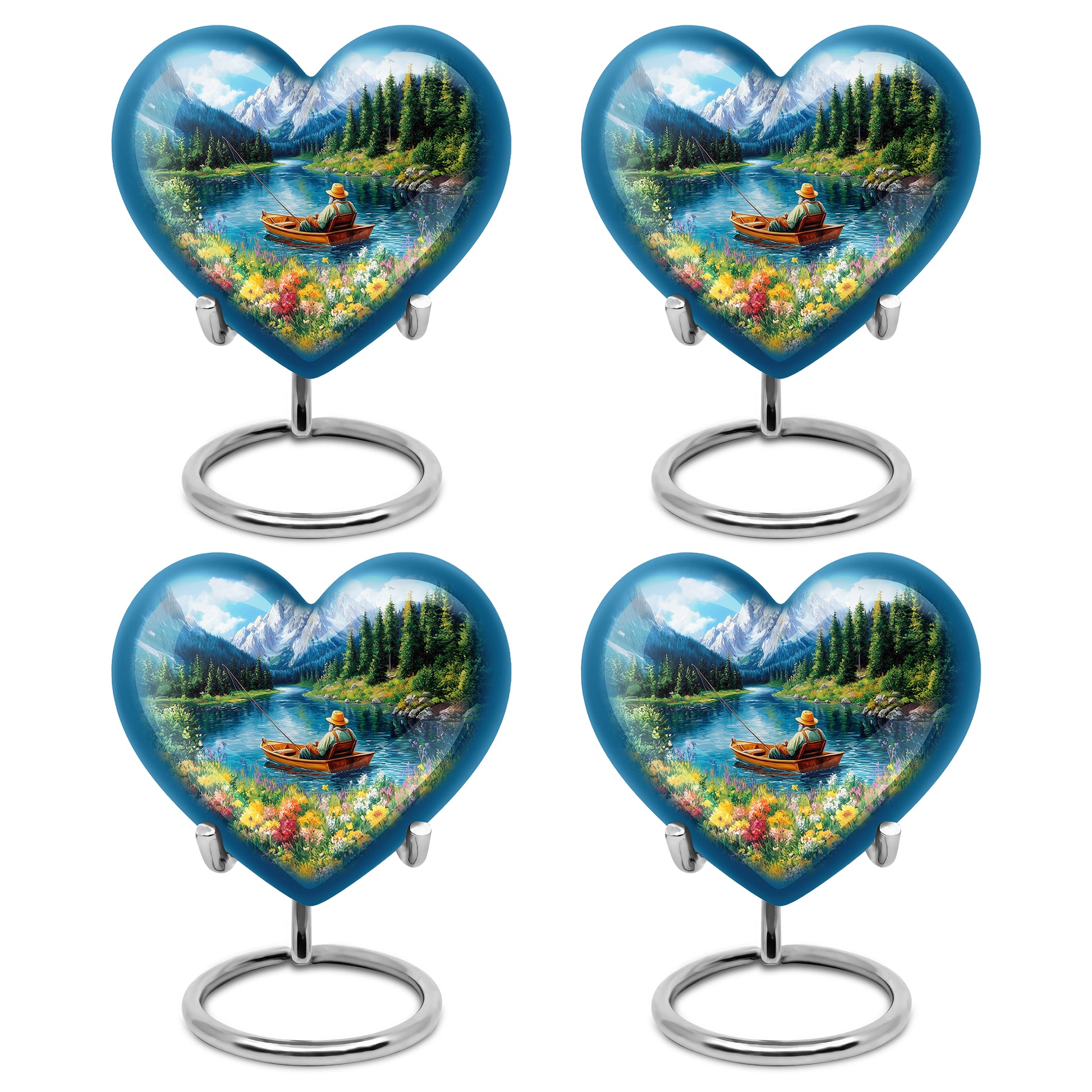 Cobalt Blue Fishing Cremation Urn angled view of lid and engraved motif - compassionate heart-fishing combination with gentle curves - 10 inch aluminum urn for cremated remains