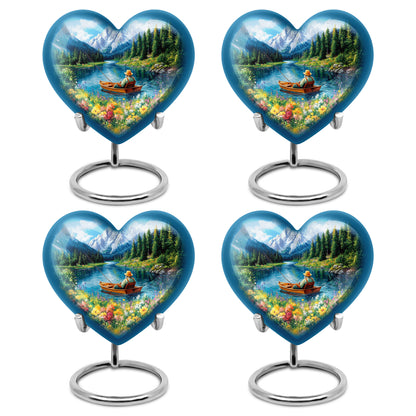 Cobalt Blue Fishing Cremation Urn angled view of lid and engraved motif - compassionate heart-fishing combination with gentle curves - 10 inch aluminum urn for cremated remains