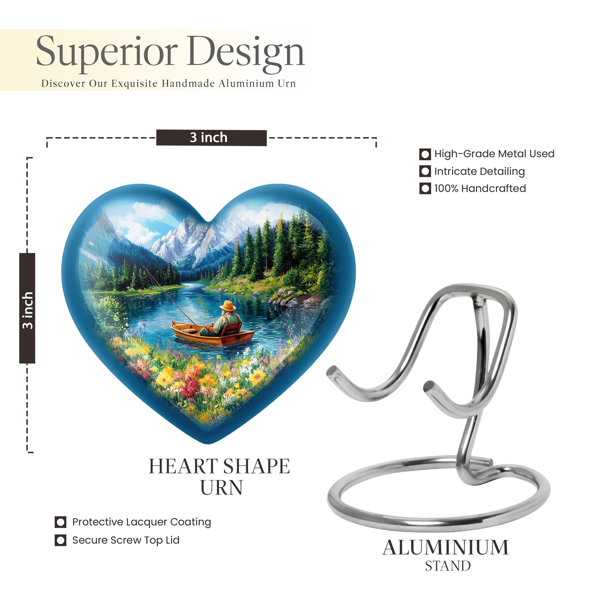 Dusty Blue Fishing Cremation Urn front view showing detailed design - heart-shaped fishing design symbolizing eternal love - mini keepsake memorial for portion of cremation ashes