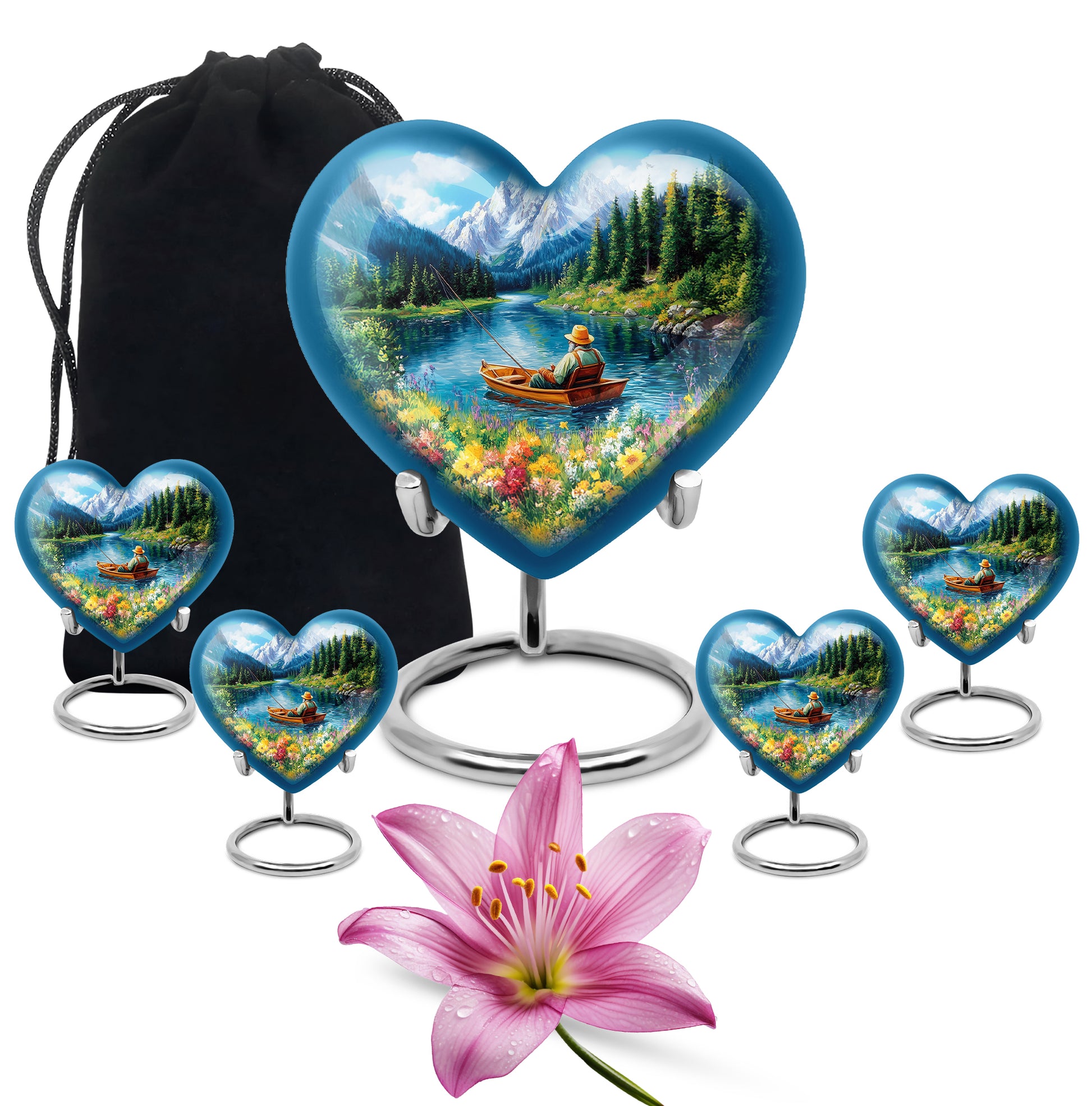 Azure Fishing Cremation Urn close-up of engraving and surface detail - loving heart memorial featuring fishing pattern - memorial set with one large and four small urns