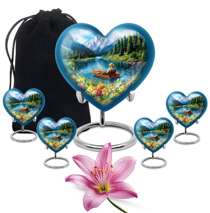 Azure Fishing Cremation Urn close-up of engraving and surface detail - loving heart memorial featuring fishing pattern - memorial set with one large and four small urns