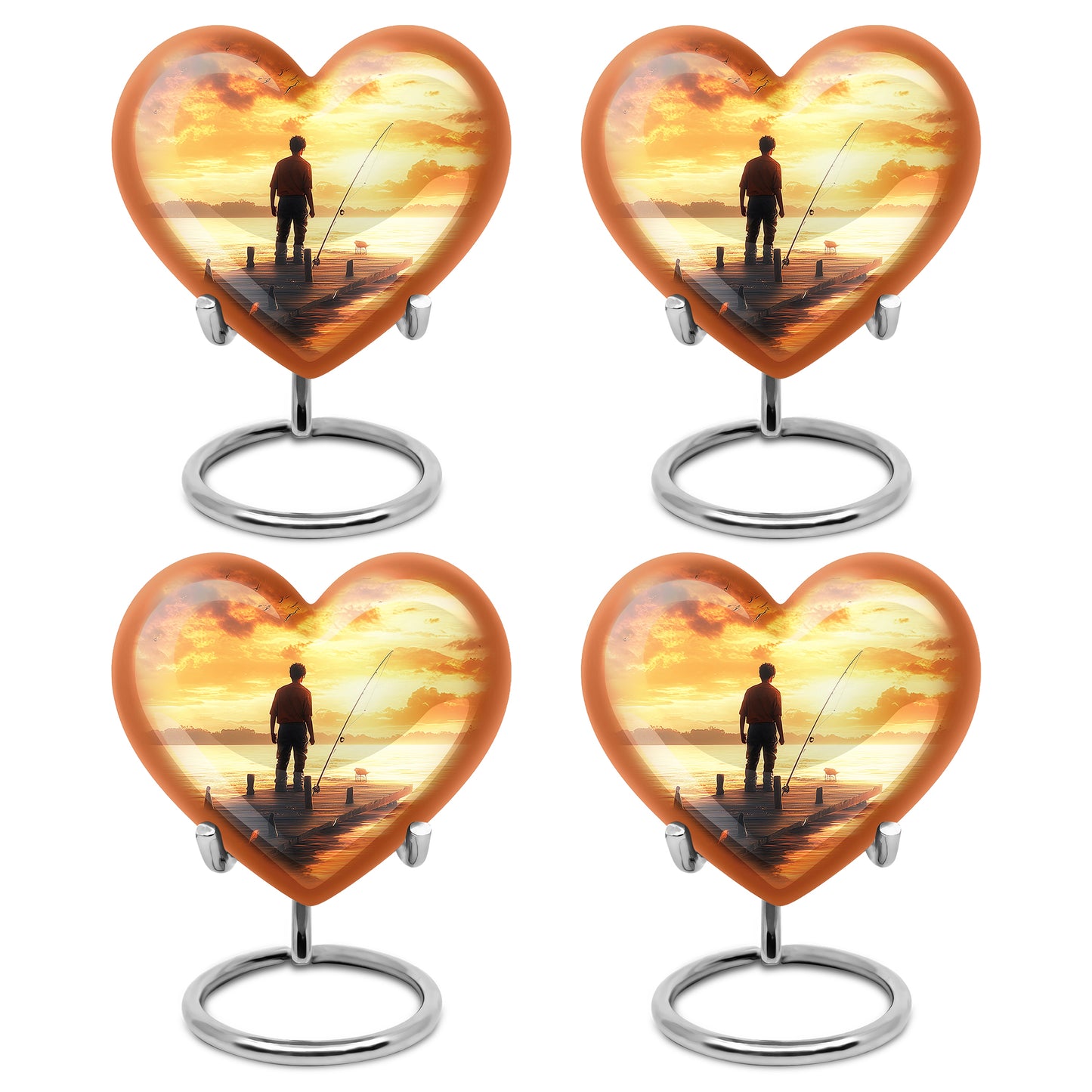 Champagne Gold Fishing Cremation Urn angled view of lid and engraved motif - heart-shaped fishing design symbolizing eternal love - 10 inch aluminum urn for cremated remains