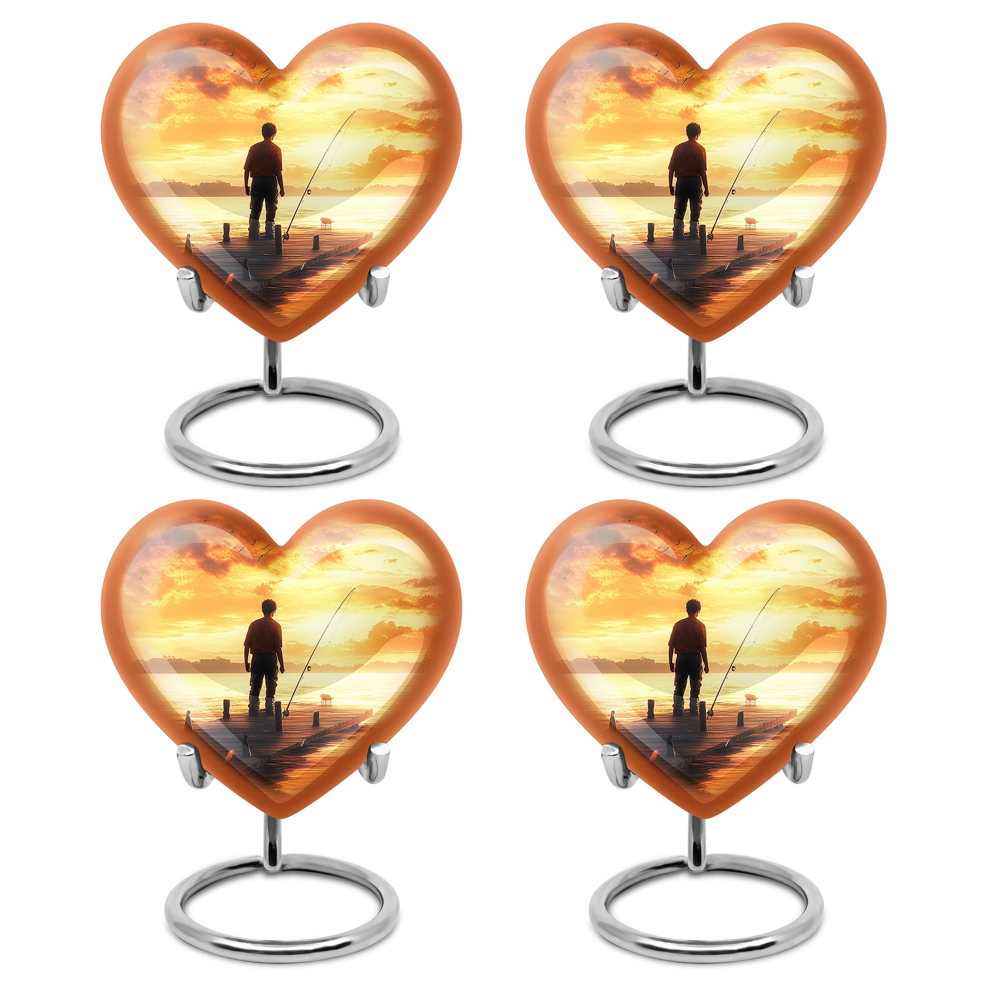 Champagne Gold Fishing Cremation Urn angled view of lid and engraved motif - heart-shaped fishing design symbolizing eternal love - 10 inch aluminum urn for cremated remains
