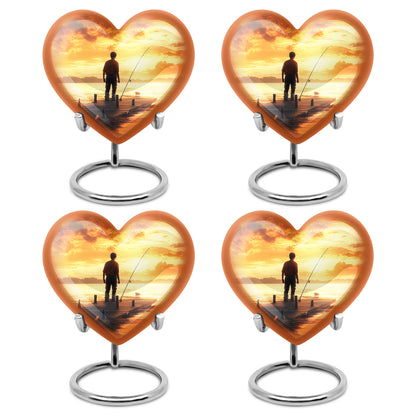 Champagne Gold Fishing Cremation Urn angled view of lid and engraved motif - heart-shaped fishing design symbolizing eternal love - 10 inch aluminum urn for cremated remains