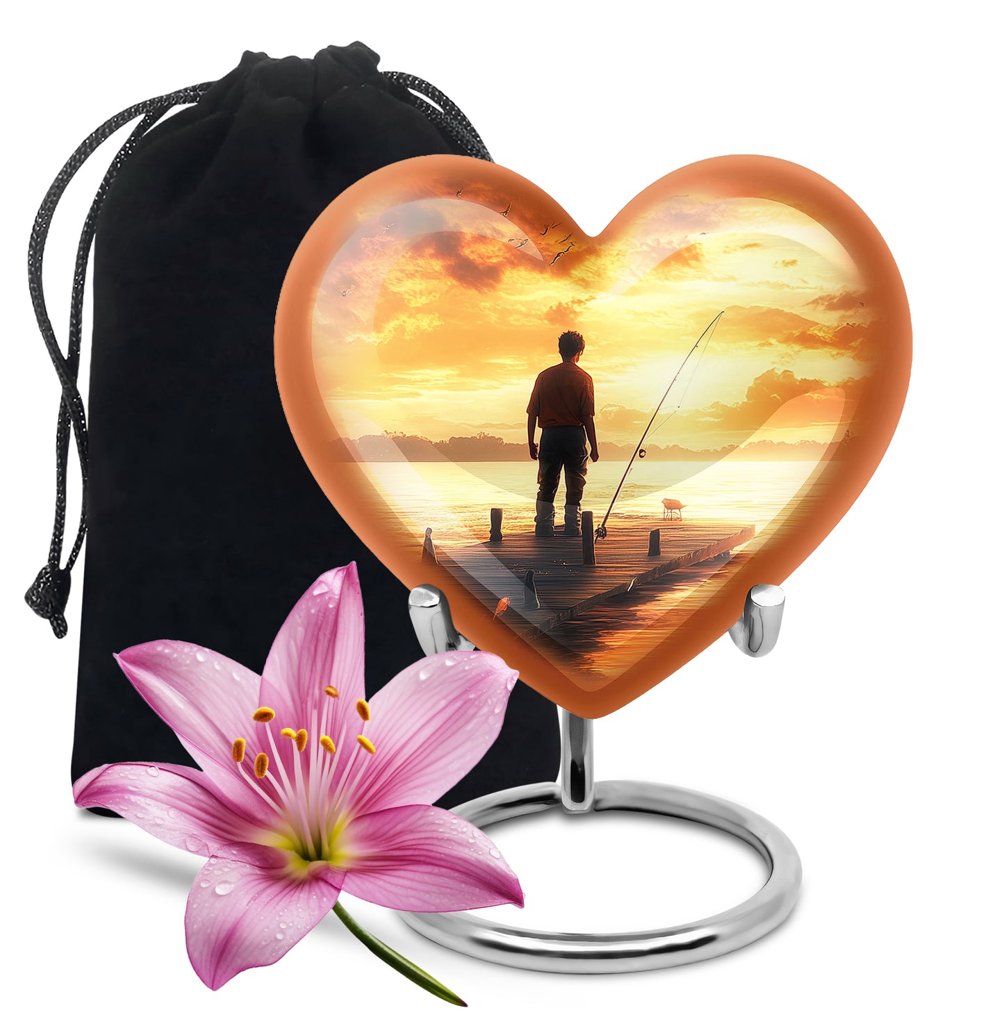 Warm Gold Fishing Cremation Urn detail view - romantic heart urn with fishing motif on aluminum - full-size 10 inch 200 cubic inch adult cremation urn