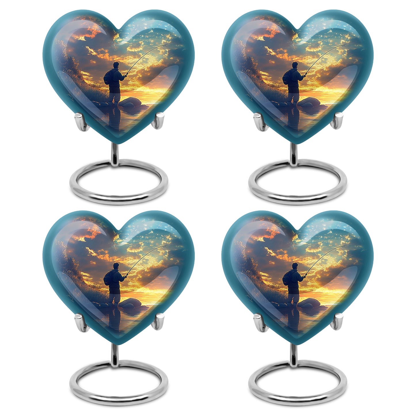 Icy Blue Fishing Cremation Urn angled view of lid and engraved motif - loving heart memorial featuring fishing pattern - 10 inch aluminum urn for cremated remains
