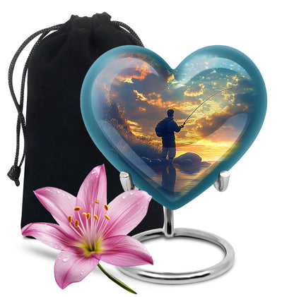 Vivid Blue Fishing Cremation Urn detail view - compassionate heart-fishing combination with gentle curves - full-size 10 inch 200 cubic inch adult cremation urn