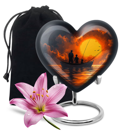 Icy Blue Fishing Cremation Urn detail view - loving heart memorial featuring fishing pattern - full-size 10 inch 200 cubic inch adult cremation urn