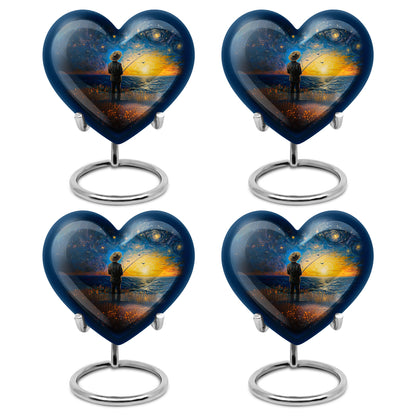 Royal Blue Fishing Cremation Urn angled view of lid and engraved motif - compassionate heart-fishing combination with gentle curves - 10 inch aluminum urn for cremated remains