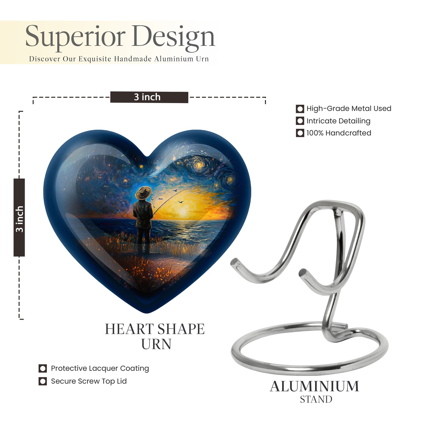 Navy Blue Fishing Cremation Urn front view showing detailed design - heart-shaped fishing design symbolizing eternal love - mini keepsake memorial for portion of cremation ashes