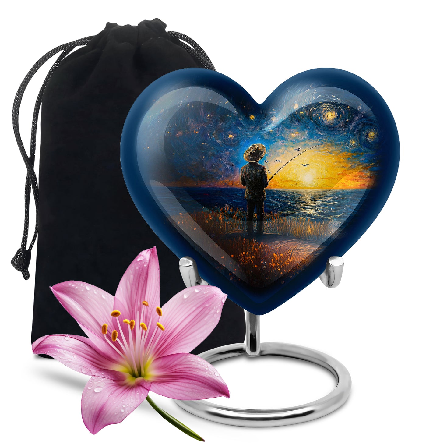 Powder Blue Fishing Cremation Urn detail view - loving heart memorial featuring fishing pattern - full-size 10 inch 200 cubic inch adult cremation urn