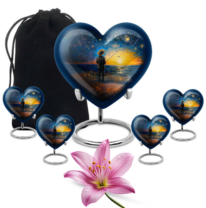 Vivid Blue Fishing Cremation Urn close-up of engraving and surface detail - compassionate heart-fishing combination with gentle curves - memorial set with one large and four small urns