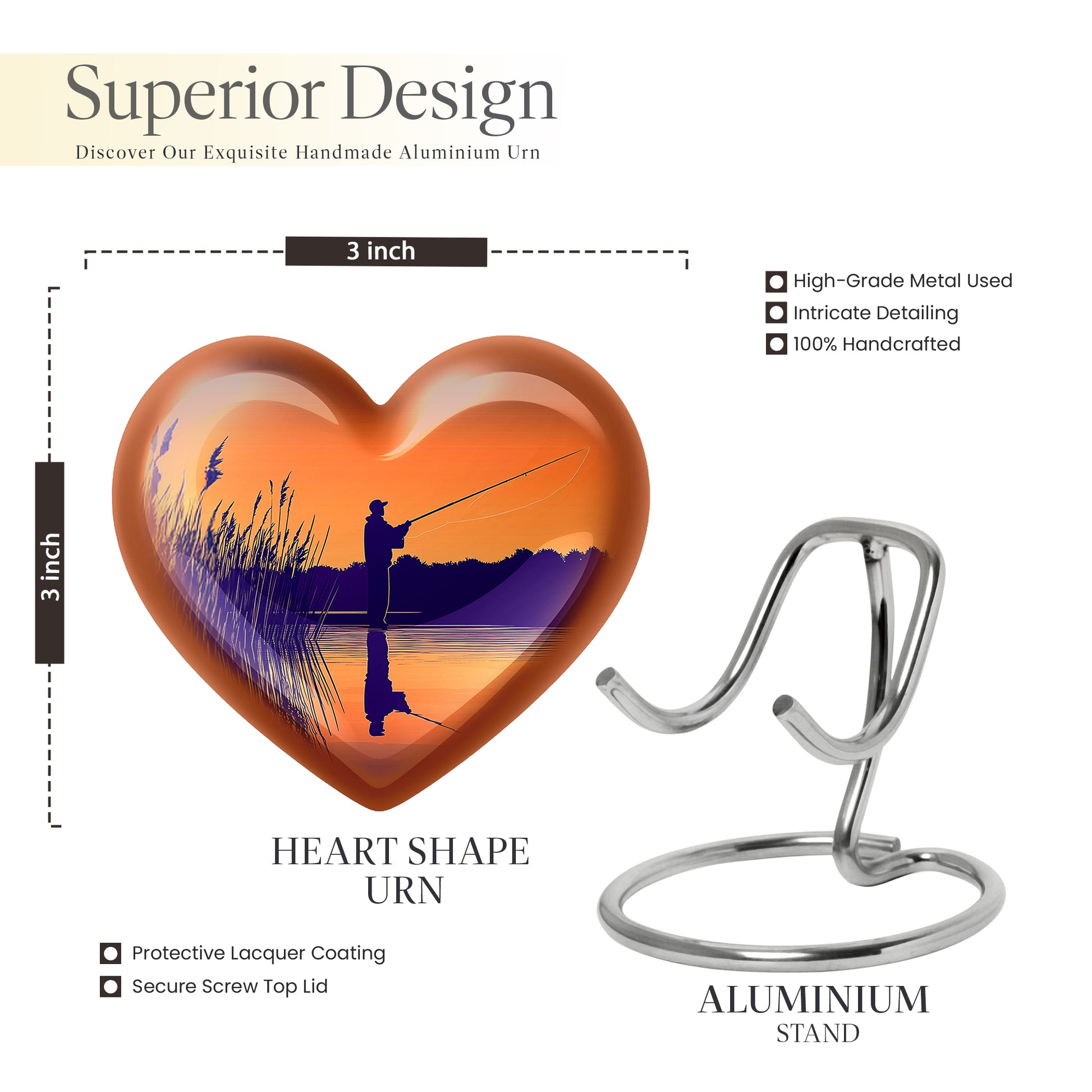 Champagne Gold Fishing Cremation Urn front view showing detailed design - heart-shaped fishing design symbolizing eternal love - mini keepsake memorial for portion of cremation ashes