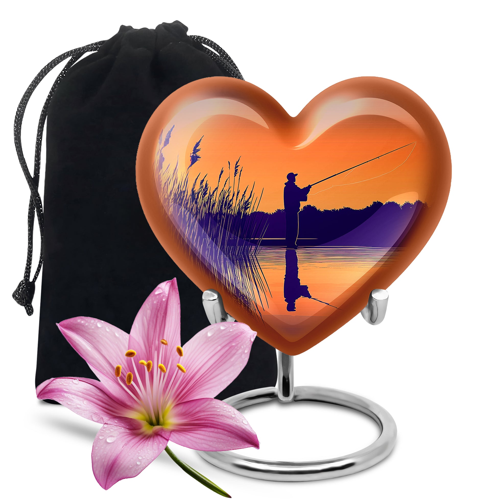 Royal Gold Fishing Cremation Urn detail view - compassionate heart-fishing combination with gentle curves - full-size 10 inch 200 cubic inch adult cremation urn