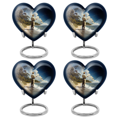Twilight Blue Fishing Cremation Urn angled view of lid and engraved motif - romantic heart urn with fishing motif on aluminum - 10 inch aluminum urn for cremated remains