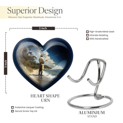 Slate Blue Fishing Cremation Urn front view showing detailed design - loving heart memorial featuring fishing pattern - mini keepsake memorial for portion of cremation ashes