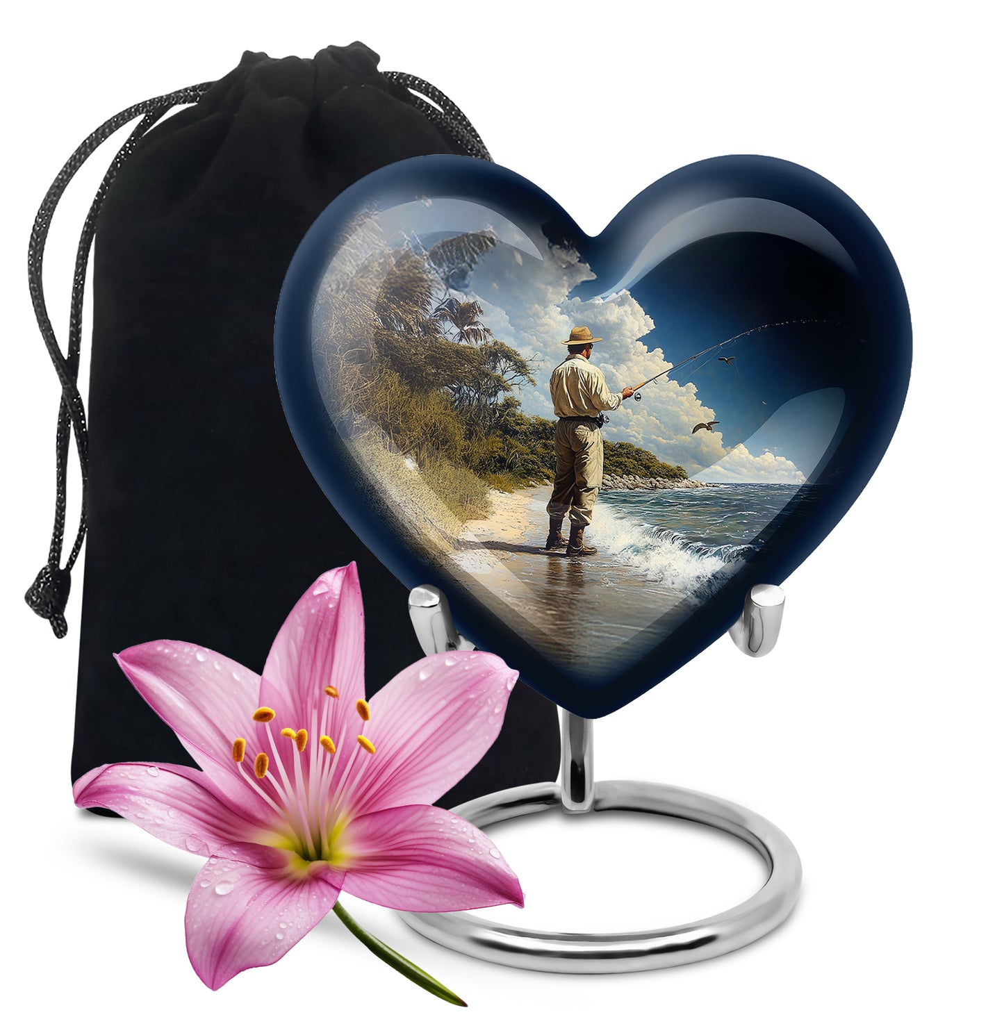 Pastel Blue Fishing Cremation Urn detail view - loving heart memorial featuring fishing pattern - full-size 10 inch 200 cubic inch adult cremation urn