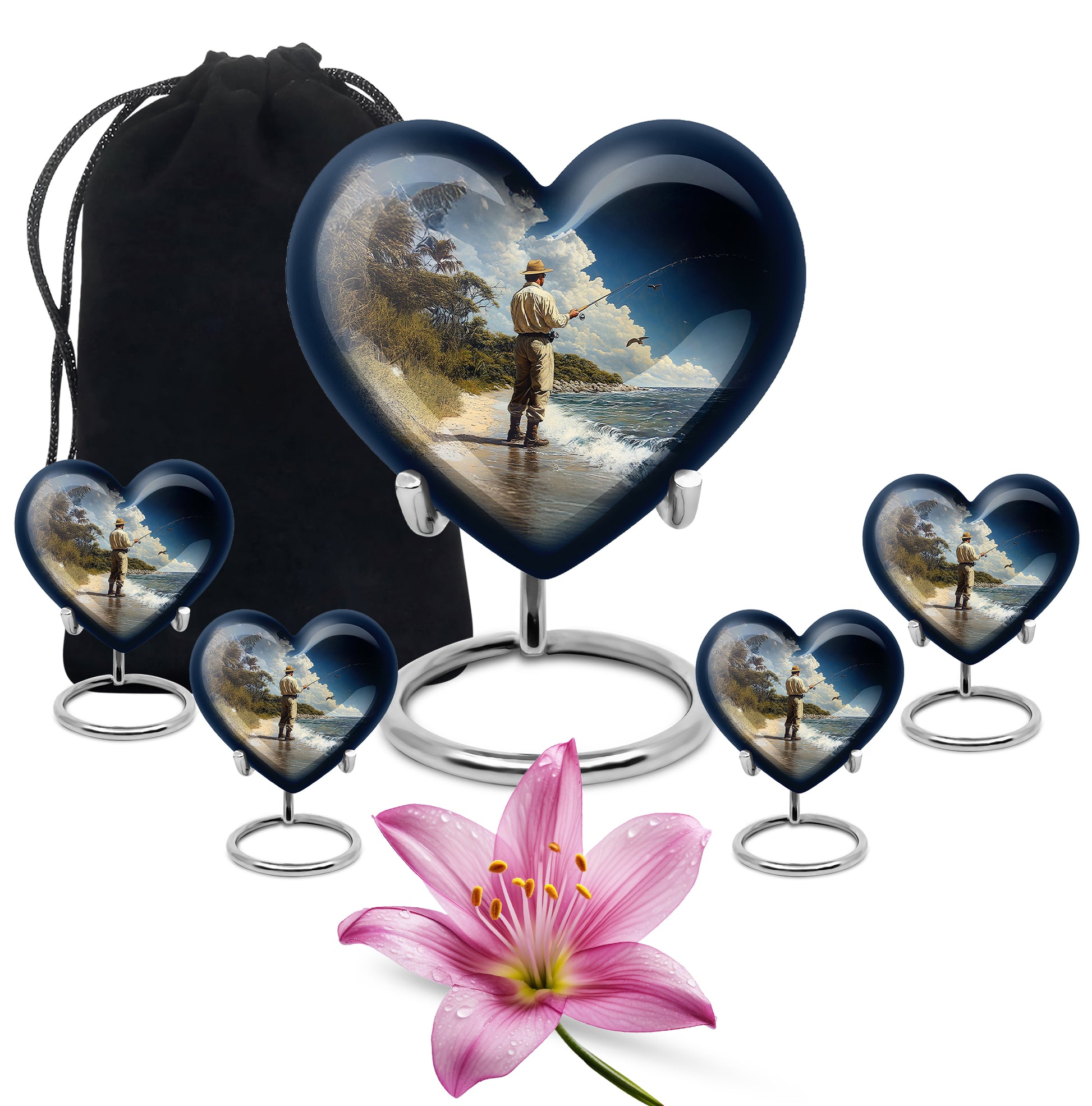Misty Blue Fishing Cremation Urn close-up of engraving and surface detail - heart-shaped fishing design symbolizing eternal love - memorial set with one large and four small urns