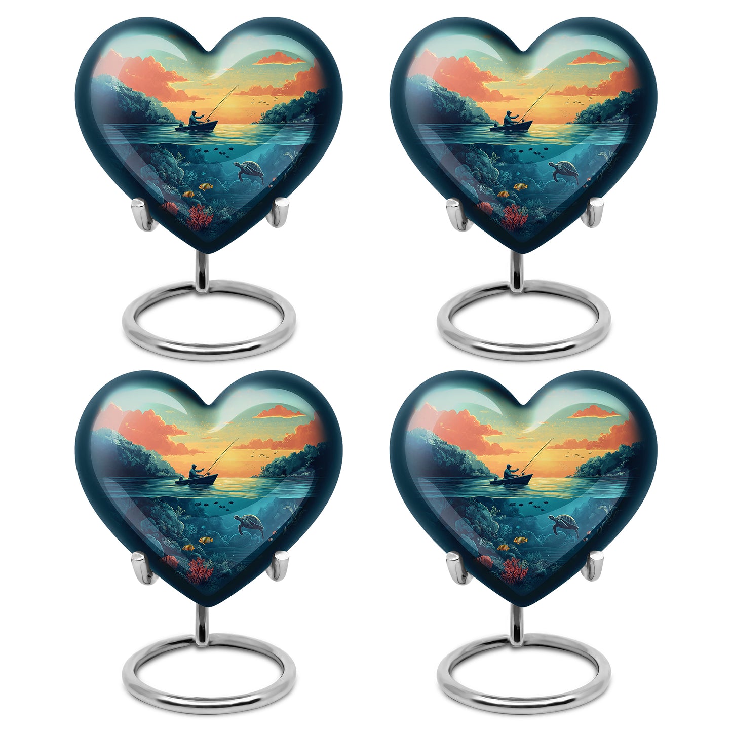 Verdant Green Fishing Cremation Urn angled view of lid and engraved motif - heart-shaped fishing design symbolizing eternal love - 10 inch aluminum urn for cremated remains