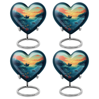Verdant Green Fishing Cremation Urn angled view of lid and engraved motif - heart-shaped fishing design symbolizing eternal love - 10 inch aluminum urn for cremated remains