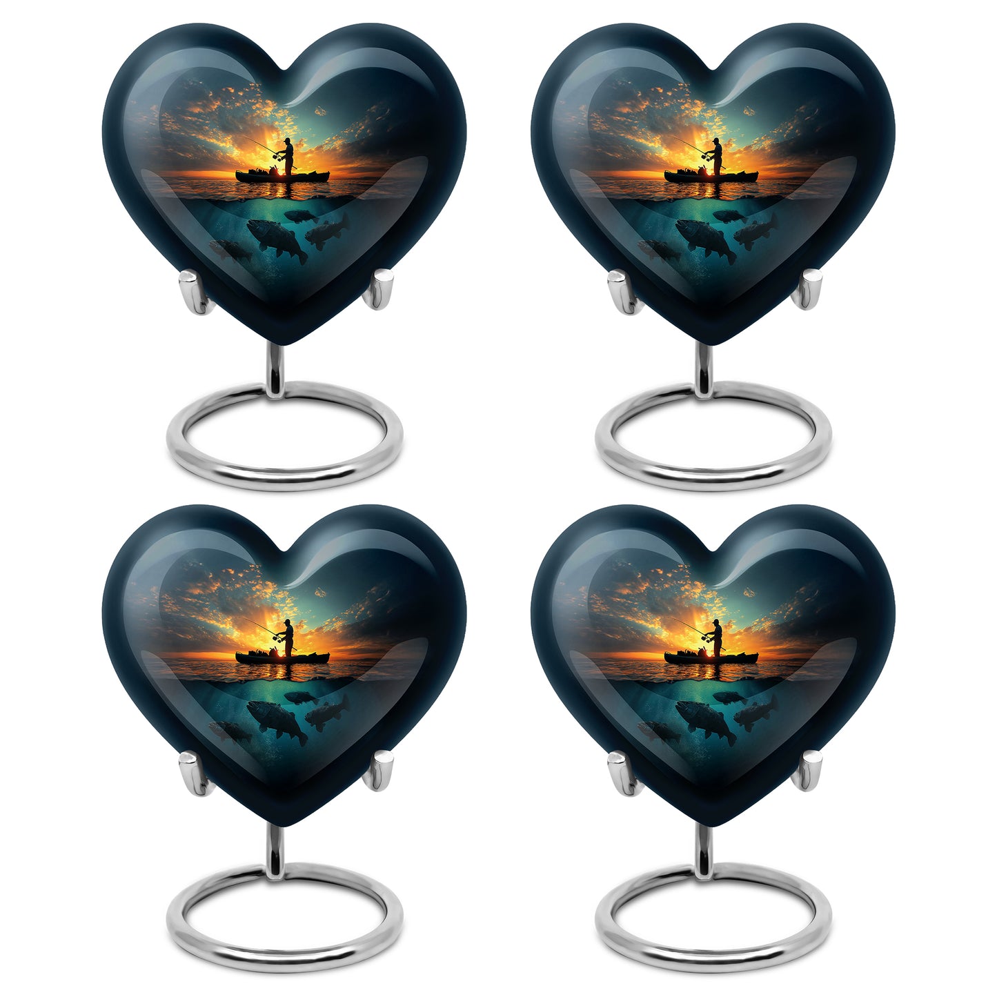 Indigo Fishing Cremation Urn angled view of lid and engraved motif - heart-shaped fishing design symbolizing eternal love - 10 inch aluminum urn for cremated remains
