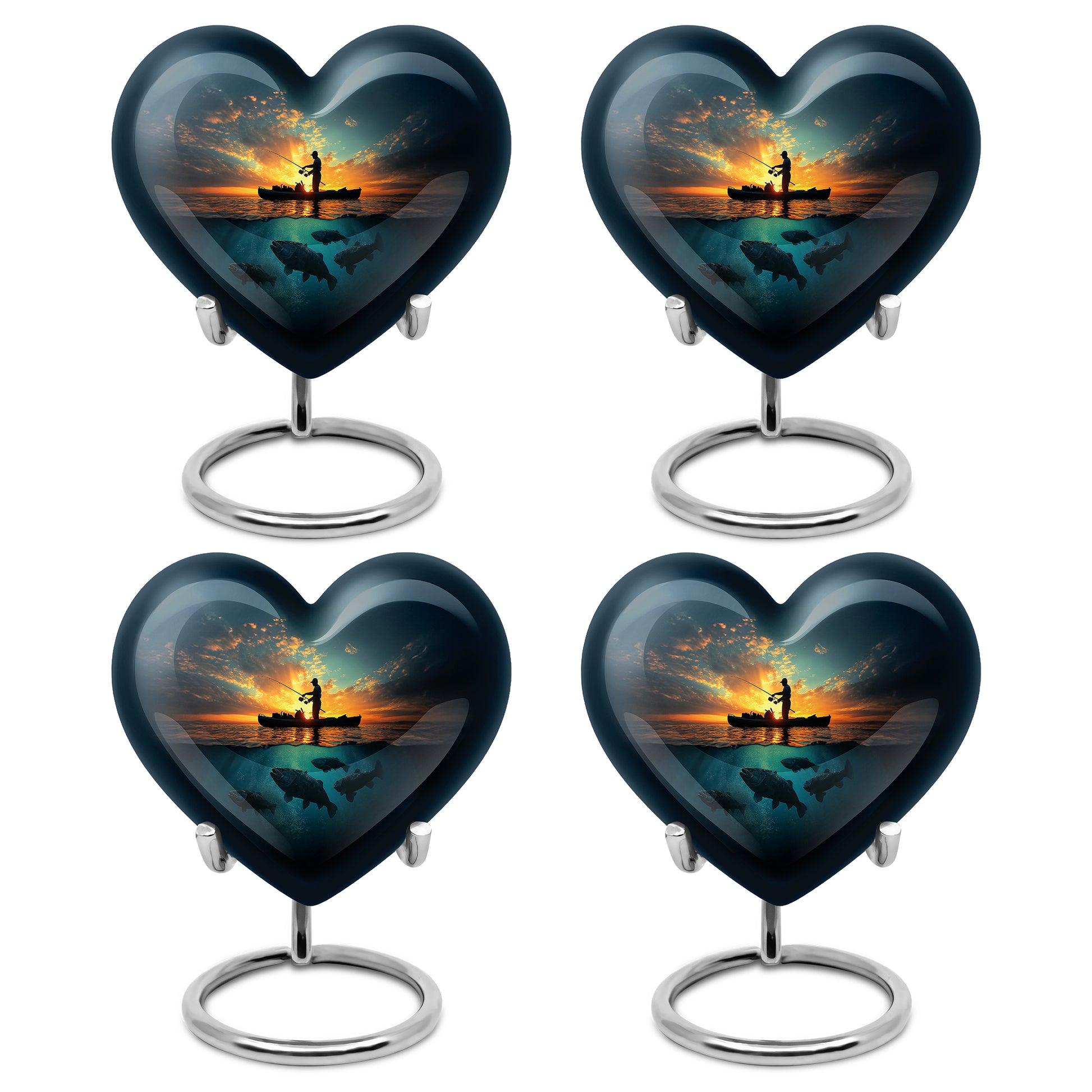 Indigo Fishing Cremation Urn angled view of lid and engraved motif - heart-shaped fishing design symbolizing eternal love - 10 inch aluminum urn for cremated remains