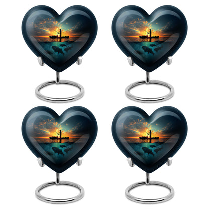 Indigo Fishing Cremation Urn angled view of lid and engraved motif - heart-shaped fishing design symbolizing eternal love - 10 inch aluminum urn for cremated remains