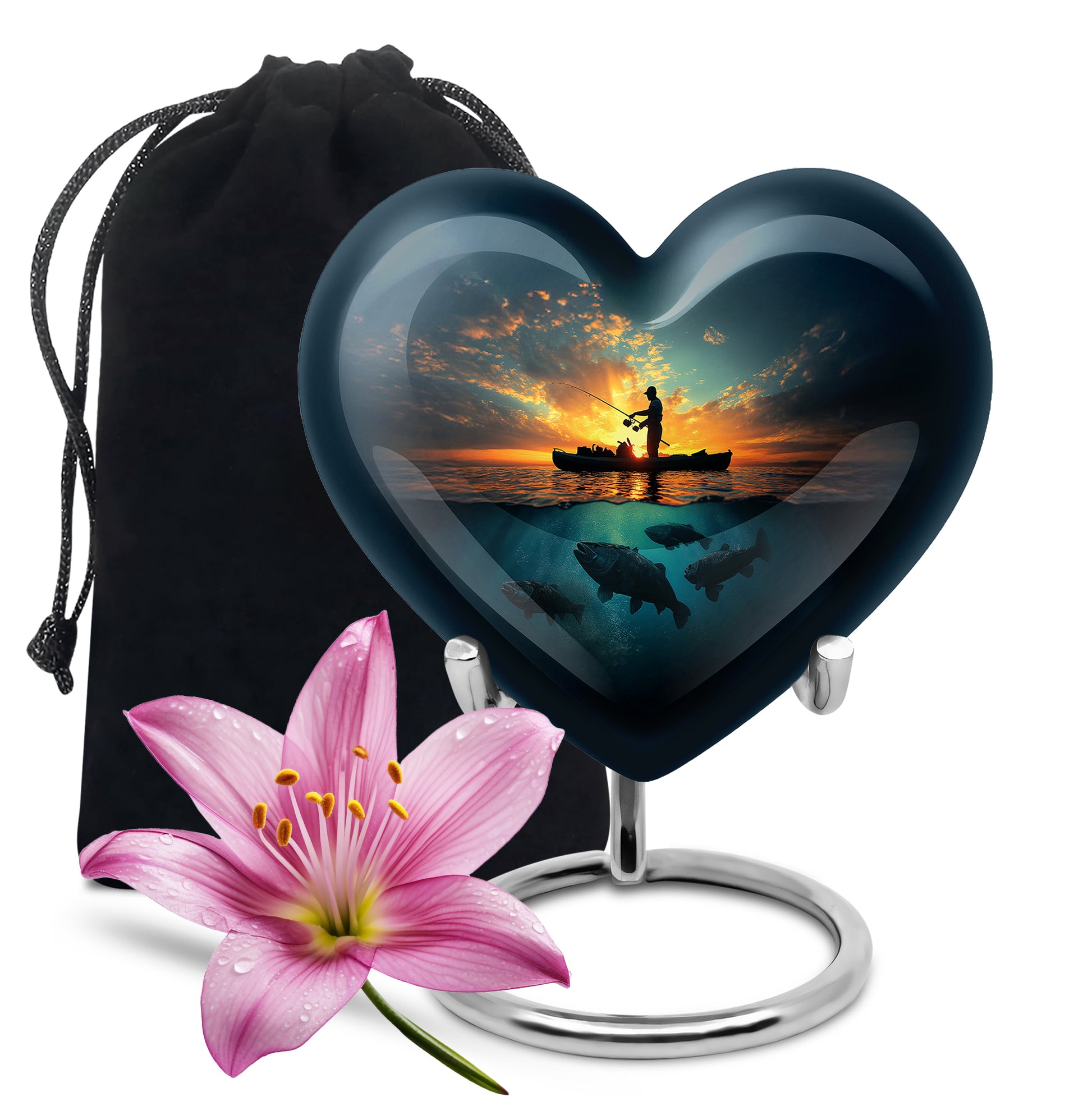Royal Blue Fishing Cremation Urn detail view - romantic heart urn with fishing motif on aluminum - full-size 10 inch 200 cubic inch adult cremation urn