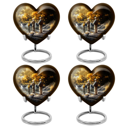 Amber Gold Fishing Cremation Urn angled view of lid and engraved motif - loving heart memorial featuring fishing pattern - 10 inch aluminum urn for cremated remains
