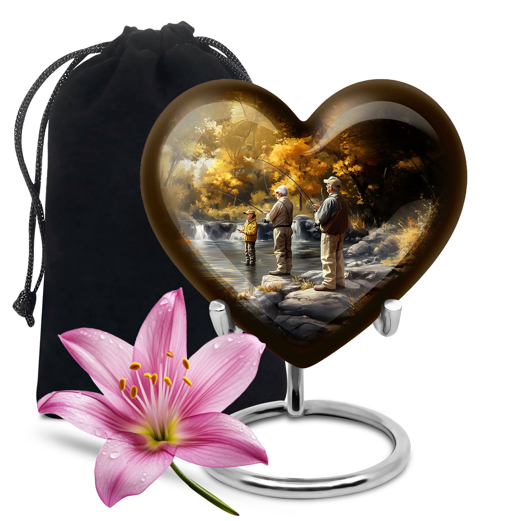 Champagne Gold Fishing Cremation Urn detail view - heart-shaped fishing design symbolizing eternal love - full-size 10 inch 200 cubic inch adult cremation urn