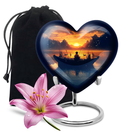 Amber Gold Fishing Cremation Urn detail view - heart-shaped fishing design symbolizing eternal love - full-size 10 inch 200 cubic inch adult cremation urn