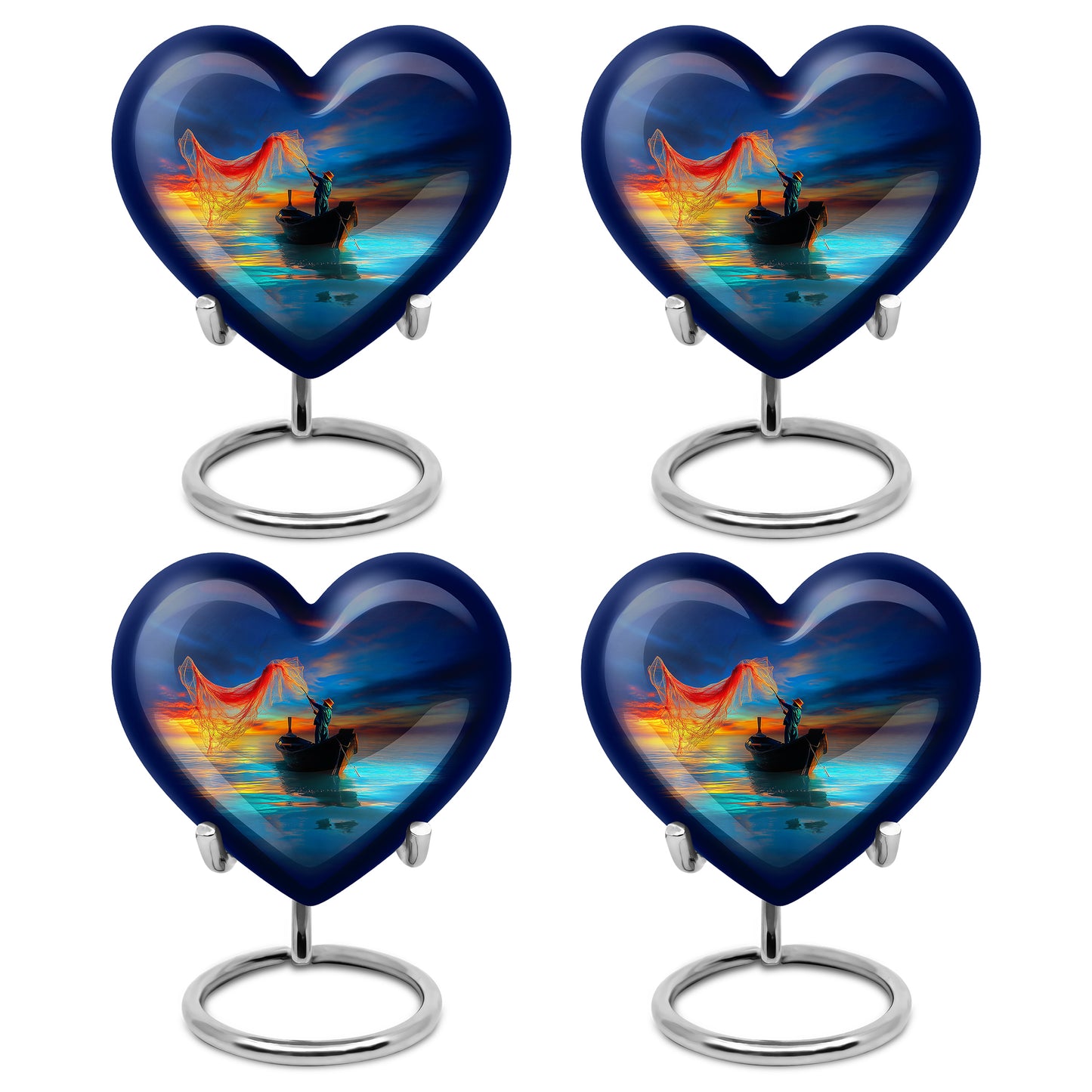 Pastel Blue Fishing Cremation Urn angled view of lid and engraved motif - heart-shaped fishing design symbolizing eternal love - 10 inch aluminum urn for cremated remains