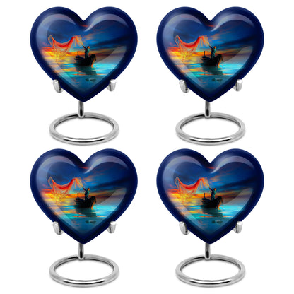 Pastel Blue Fishing Cremation Urn angled view of lid and engraved motif - heart-shaped fishing design symbolizing eternal love - 10 inch aluminum urn for cremated remains
