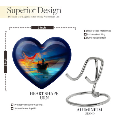 Azure Fishing Cremation Urn front view showing detailed design - heart-shaped fishing design symbolizing eternal love - mini keepsake memorial for portion of cremation ashes
